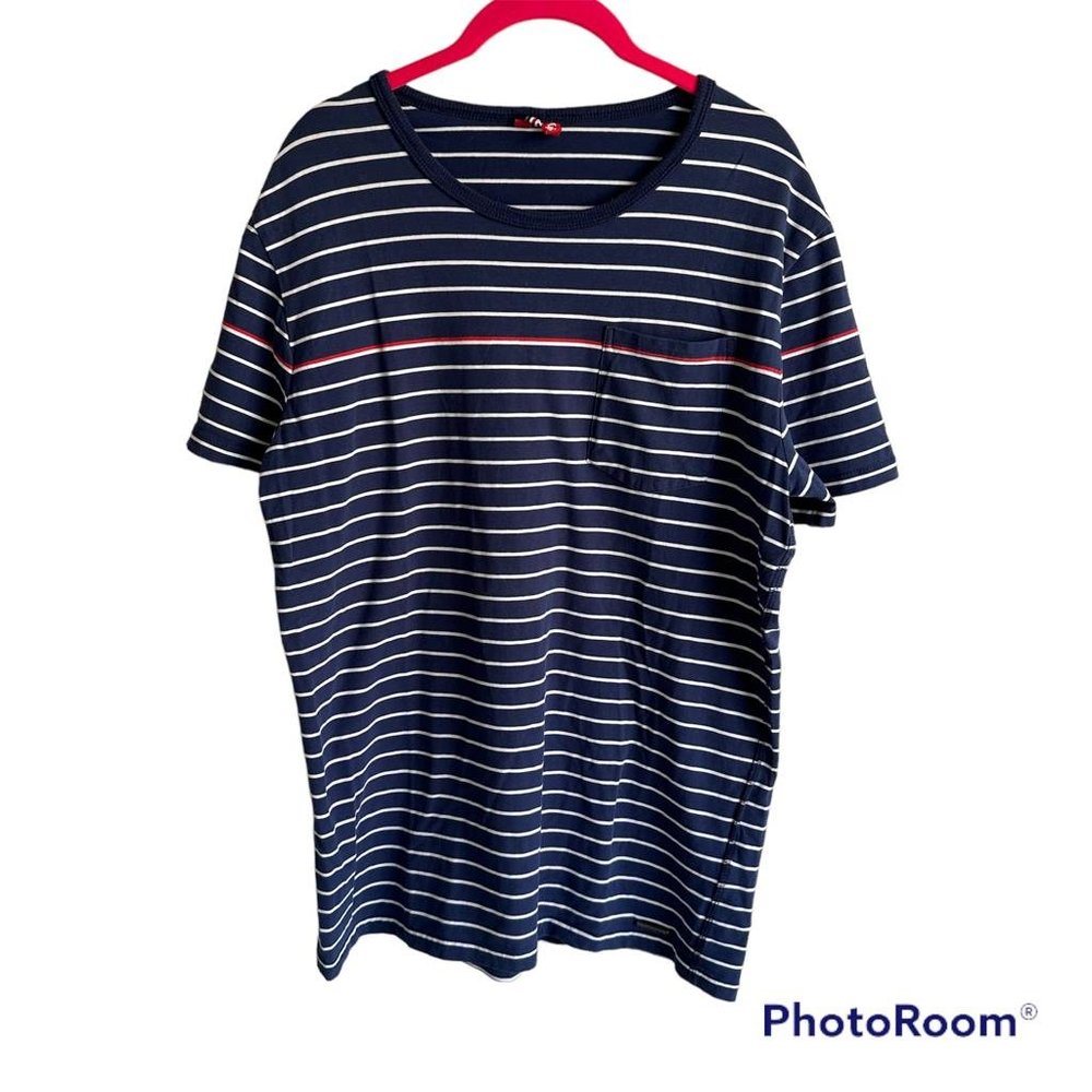 SUPERDRY Navy Blue Striped Cotton Blend Mens Casual Tee, L‎